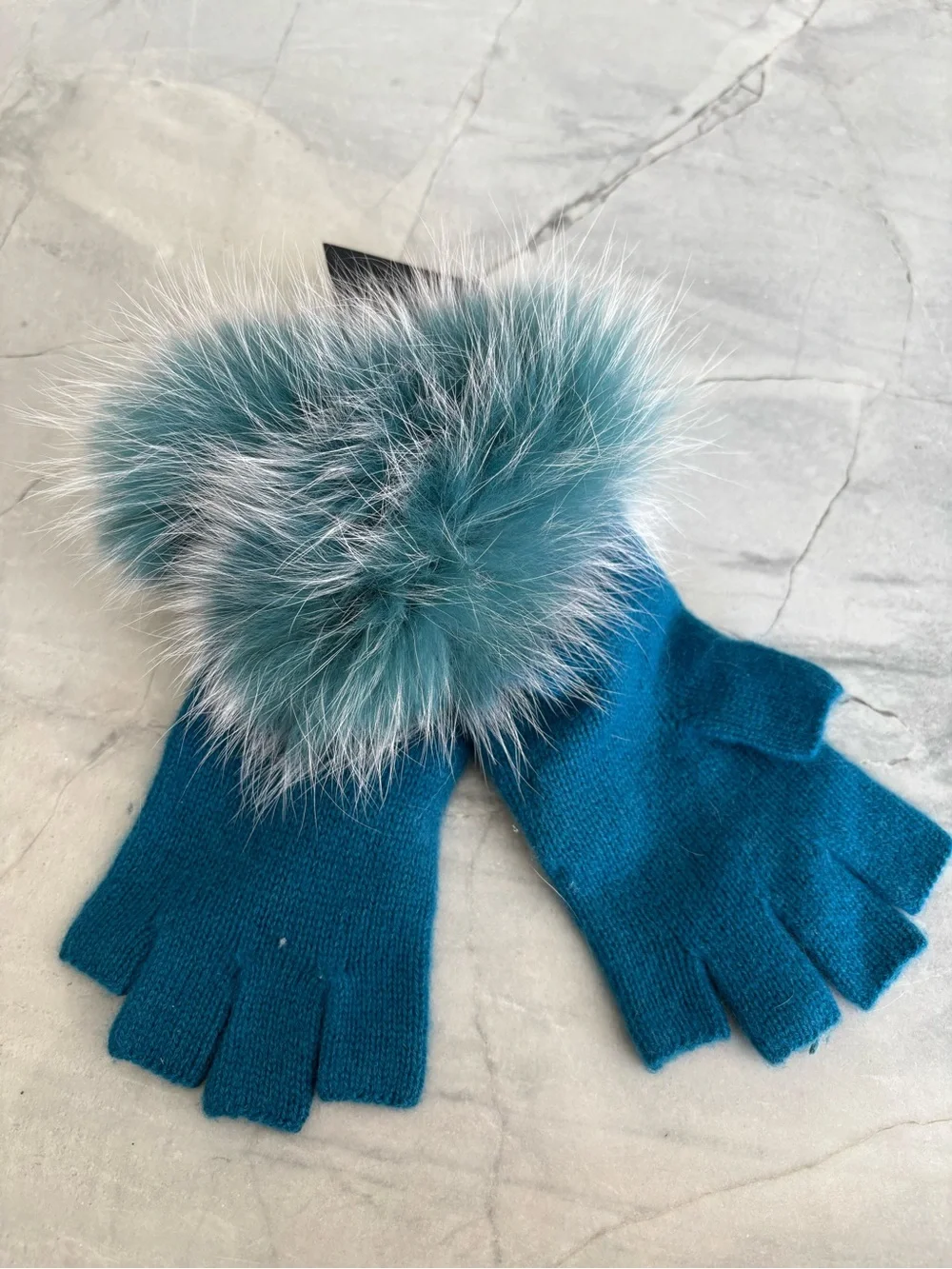 Sofia Cashmere Teal Fingerless Gloves with Teal & White Fox Fur Pom